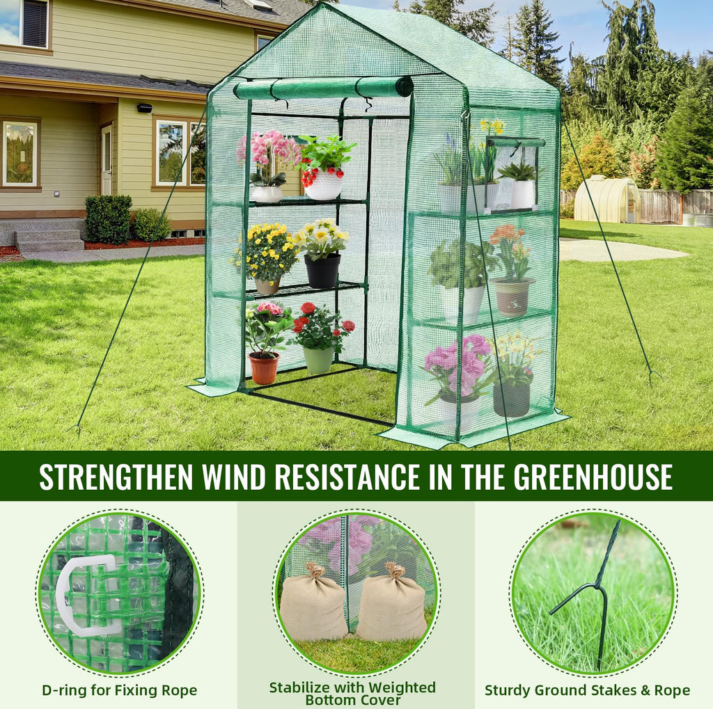 Portable Walk-in Greenhouse 3 Tiers 4 Shelves Screen Windows PE Cover Green 28x57x76