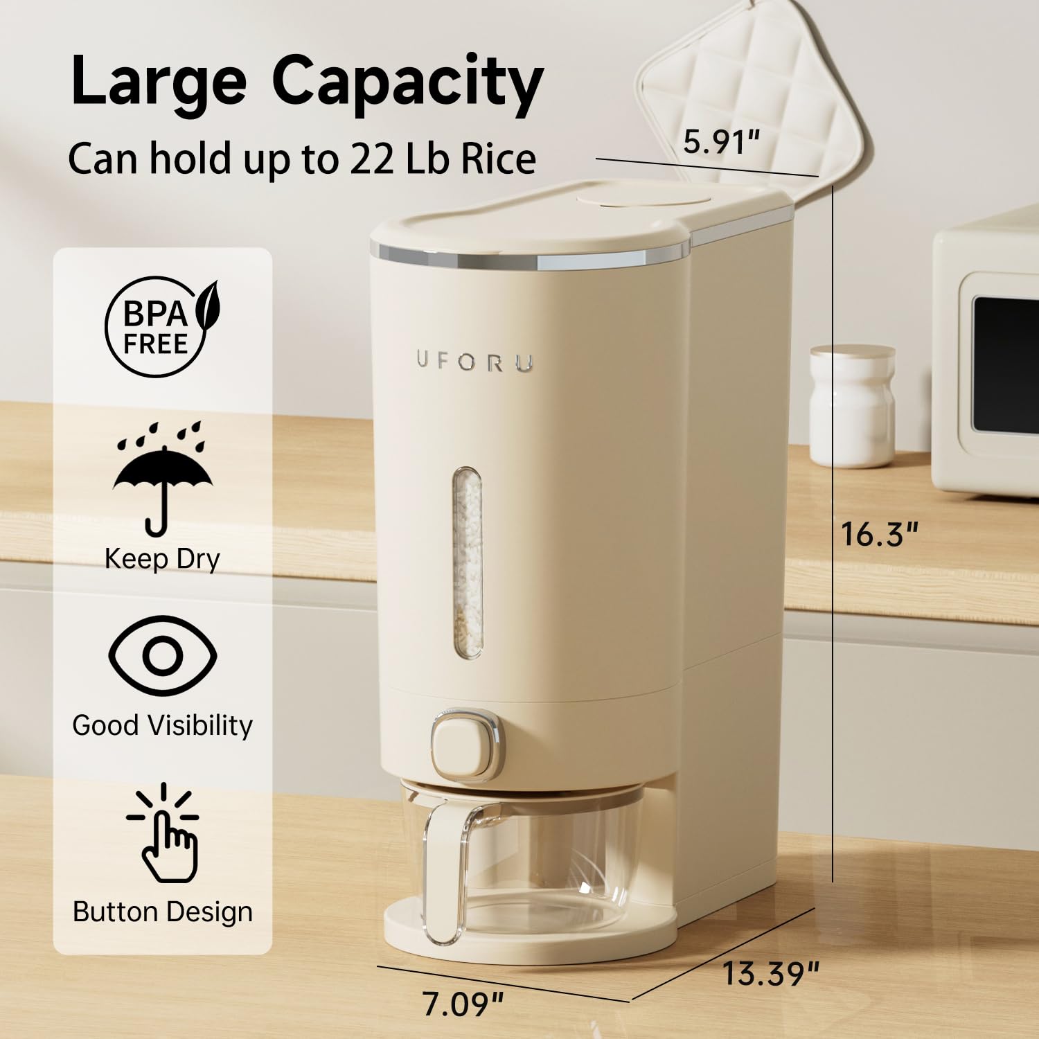 Cream White 22 Lb Airtight Rice Dispenser with Measuring Cup  Pest Prevention Box Retail $30.00