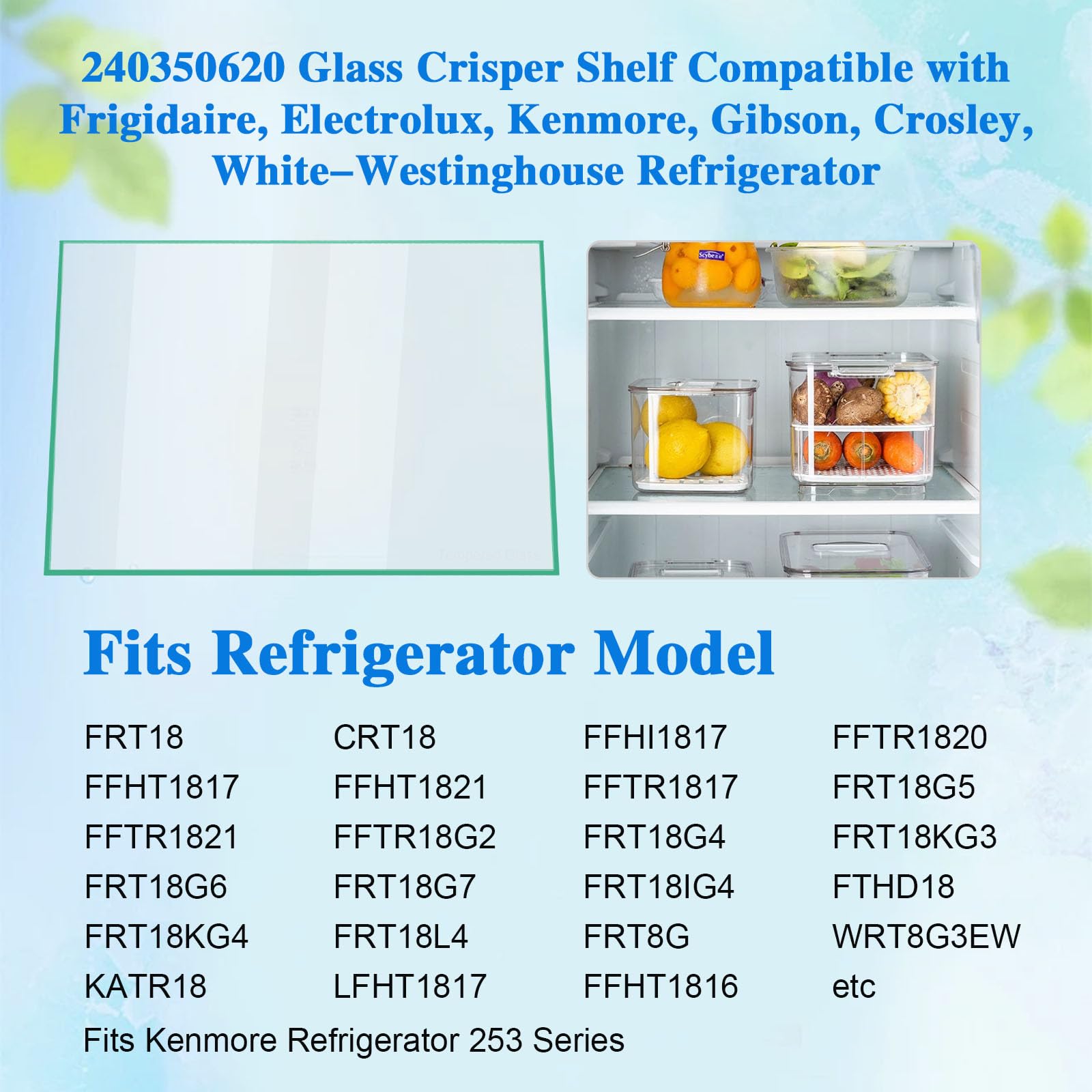 Replacement Glass Refrigerator Shelf 240350620 for Frigidaire Kenmore 23.78x16.34