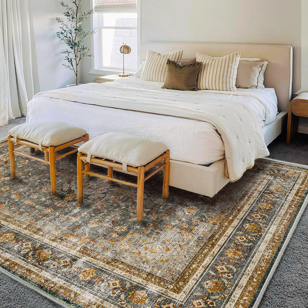 New CHAMPLANT 9x12 Washable Retro Boho Area Rug - Rust Floral for High Traffic