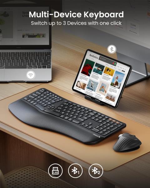 ProtoArc EK01 Plus Backlit Bluetooth Ergonomic Keyboard, Full Size, Black Retail $74.00