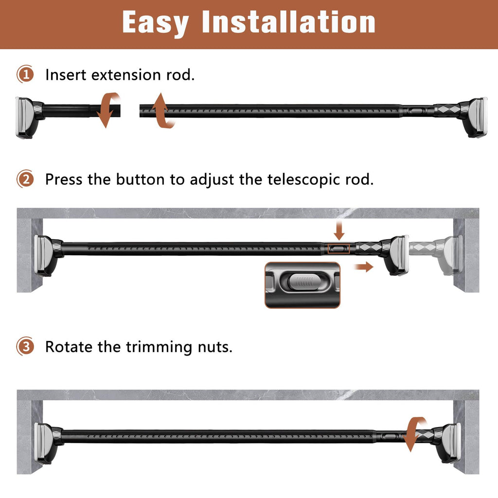 Black Adjustable Tension Shower Rod 40-87 inch Supports 30lbs