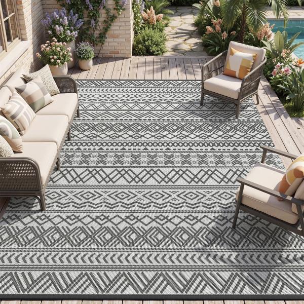 x8 Reversible Waterproof Plastic Straw Outdoor Patio Rug Boho Grey