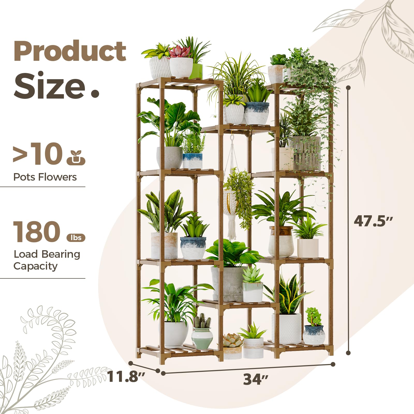 Bamworld Plant Stand Indoor Outdoor Tall Plant Shelf for Multiple Plants Pots Wood Flower Stand Large Flower Holder for Living Room, Patio, Balcony, Garden Decor, Brown