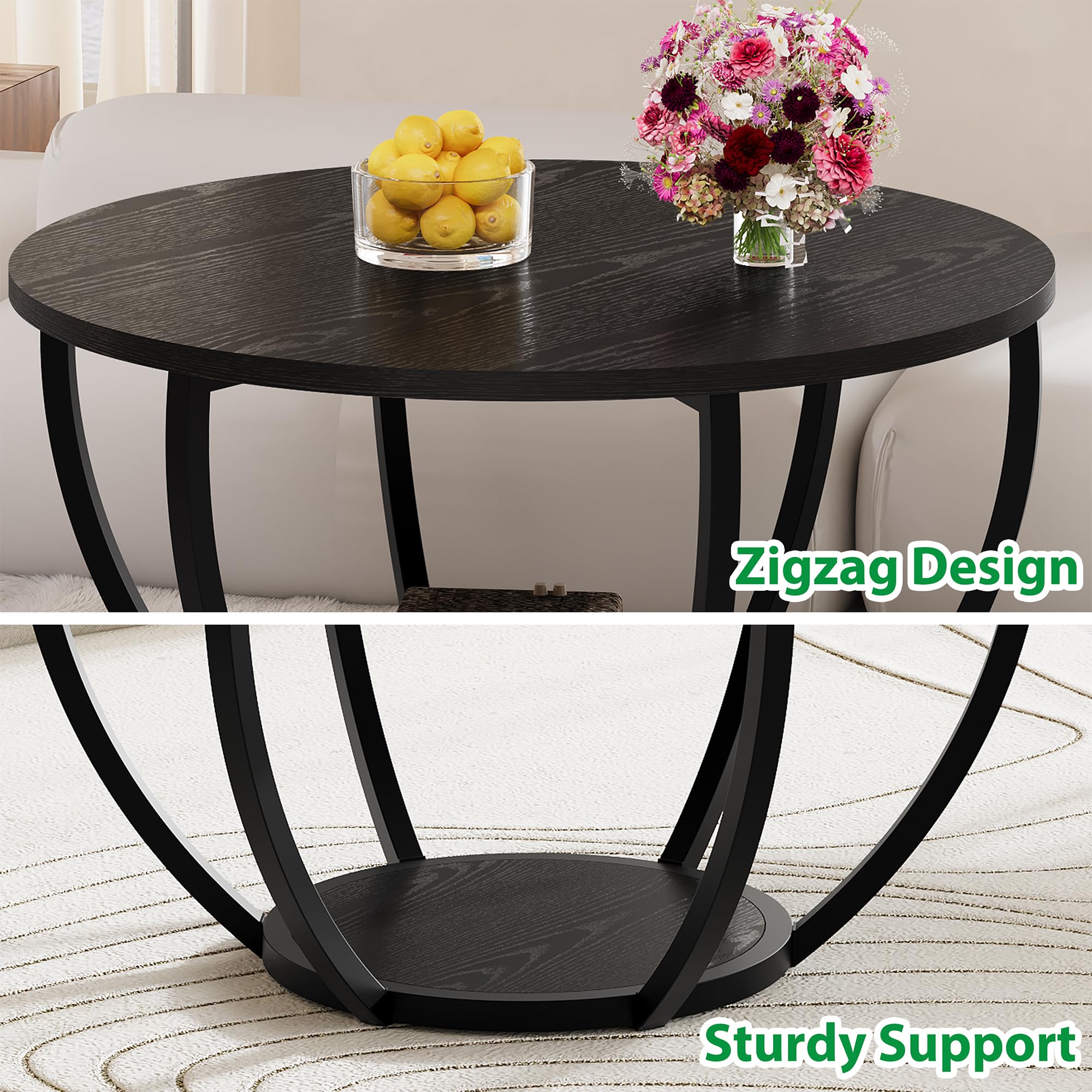 New HOMERECOMMEND Black Round Wooden 2-Tier Coffee Table with Storage Shelves. Retail $65.00