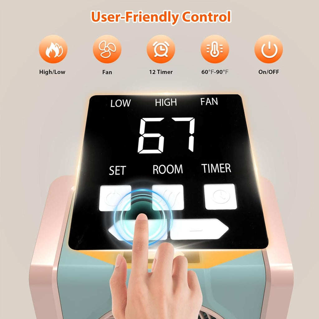 Quiet Electric Space Heater with Digital Thermostat 750W1500W 3D Air Circulation Cyan