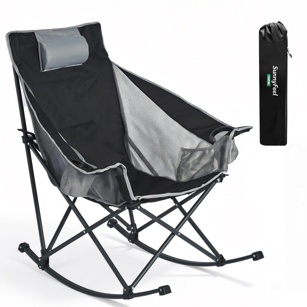 Oversized Rocking Camping Chair Fully Padded High Back Black Grey