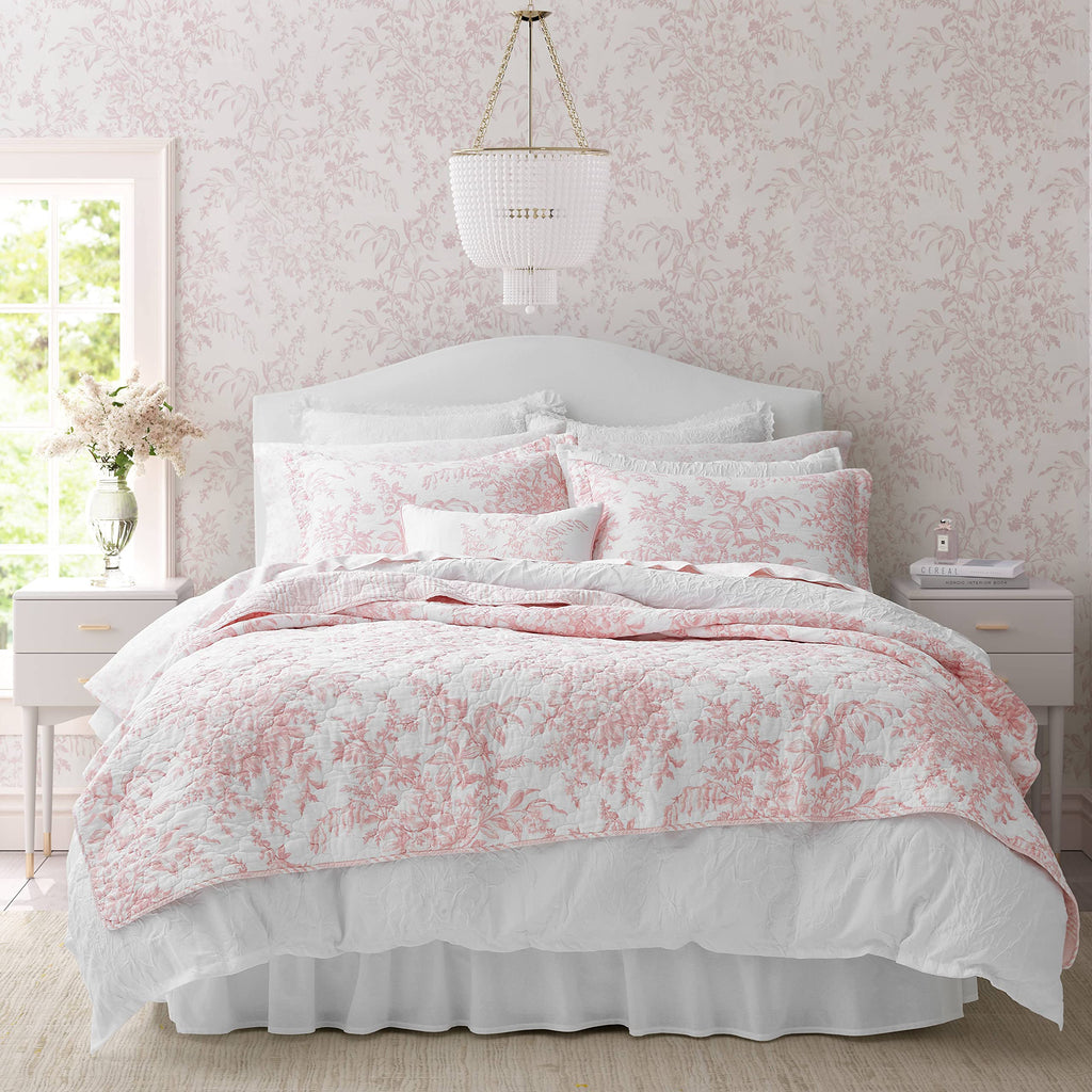 Laura Ashley - Twin Quilt Set, Soft & Reversible Cotton Floral Bedding with a Medium Weight Feel, 2 Piece Bed Set with Matching Pillowcase (Bedford Pink) Retail $79.00