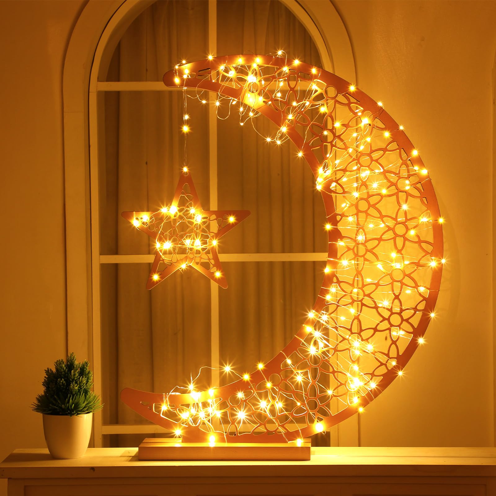 Ramadan Eid Crescent Star Wooden Light Decoration 20x17 Inches