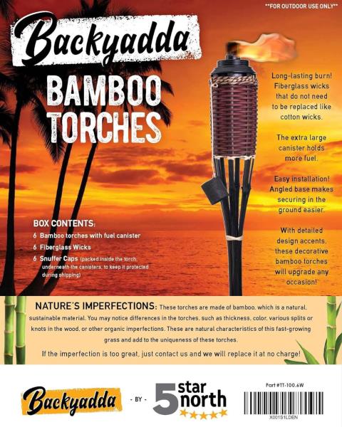 Backyadda Bamboo Torches for Outside, Compatible with All Tiki Torches Fuels, Extra-Large (16oz) Metal Canisters and Fiberglass Wicks for Longer Lasting Burn. Stands 57" Tall. Retail $99.00