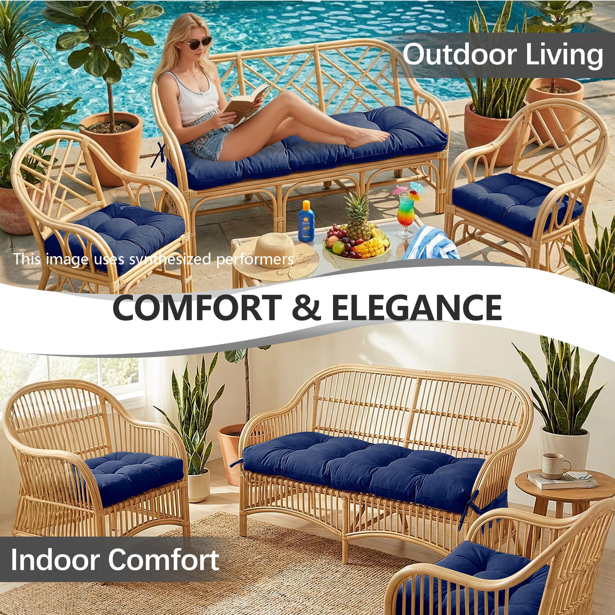 3 Pcs Wicker Chair Cushions Patio Loveseat Chaise Cushion Set - 1200D 47x19*4 Inch Waterproof Wicker Bench Cushions with 2 19x19x4 Inch Chair Cushions for Garden Porch Wicker Patio Furniture(Navy) Retail $49.00