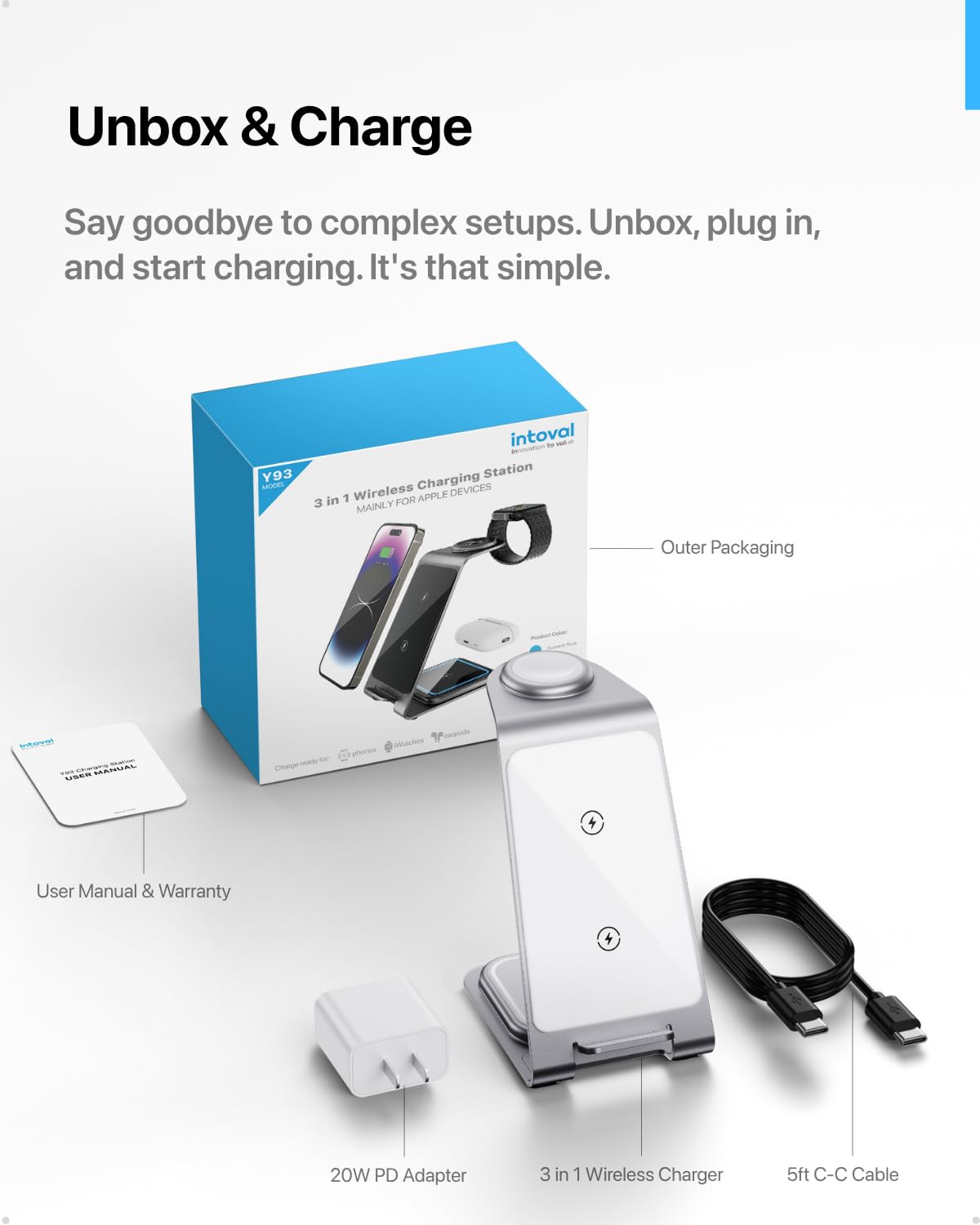 Aluminum 3 in 1 Wireless Charging Station for iPhone Apple Watch AirPods Silver Retail $37.00