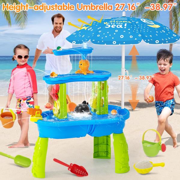 Water Table with Umbrella for Toddlers 3-5 3-Tier 30.51 x 23.37 x 15.74 Blue  Green