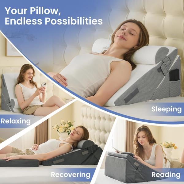 Adjustable Wedge Pillow Set 9-in and 12-in Memory Foam Support Light Grey  White