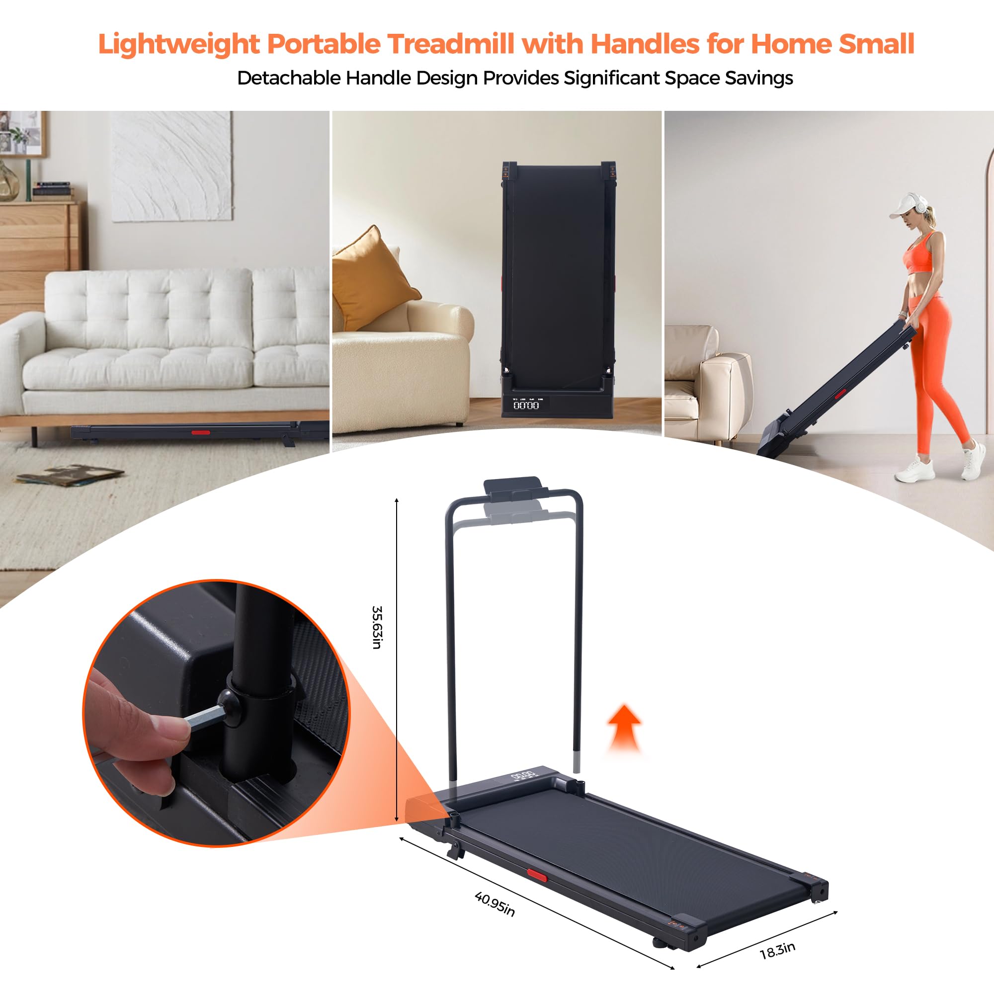 Black Portable Under Desk Walking Pad Treadmill with Handles 3.0HP 0.6-7.6MPH 350LB Capacity