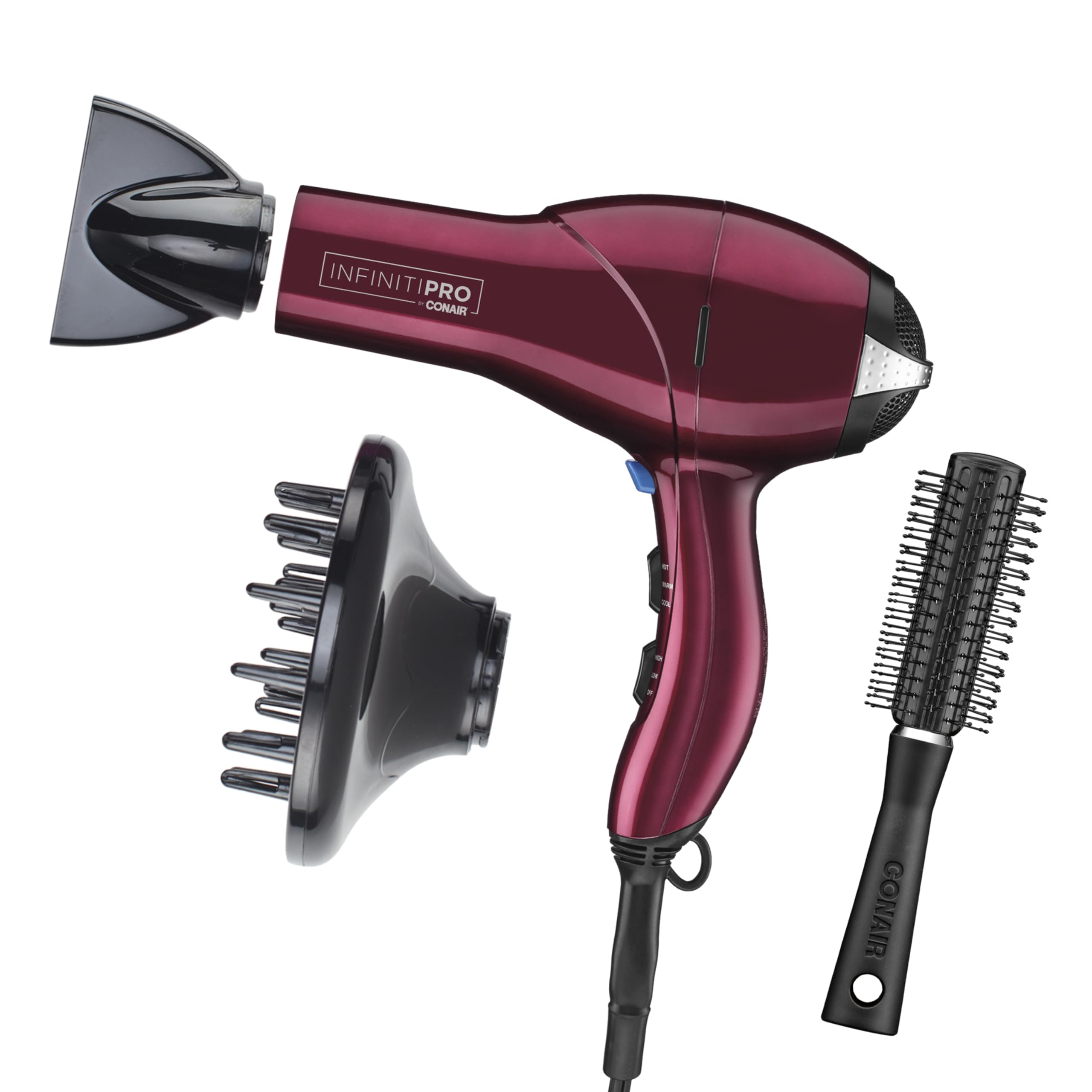 Conair Infiniti Pro Hair Dryer w Diffuser Concentrator  Bonus Brush - Tourmaline Ceramic - Burgundy