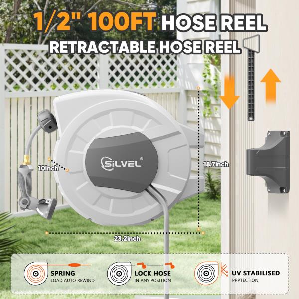 Retractable Garden Hose Reel 12 in x 100ft Wall Mount with 10 Pattern Nozzle and Swivel Bracket