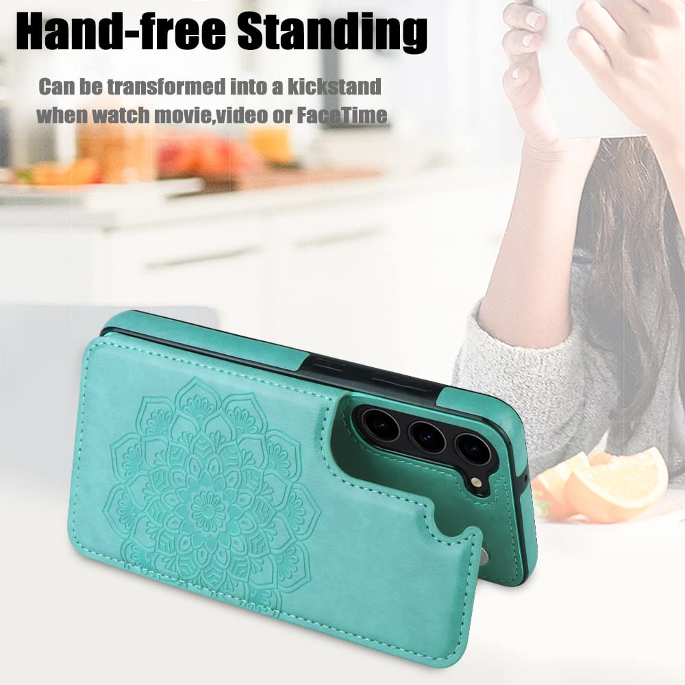 Samsung Galaxy S23 Wallet Flip Case with Card Holder Magnetic Buttons Embossed Flower Pattern Mint