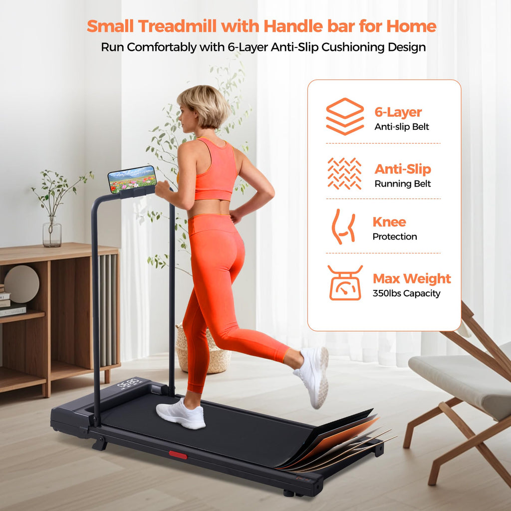Black Portable Under Desk Walking Pad Treadmill with Handles 3.0HP 0.6-7.6MPH 350LB Capacity