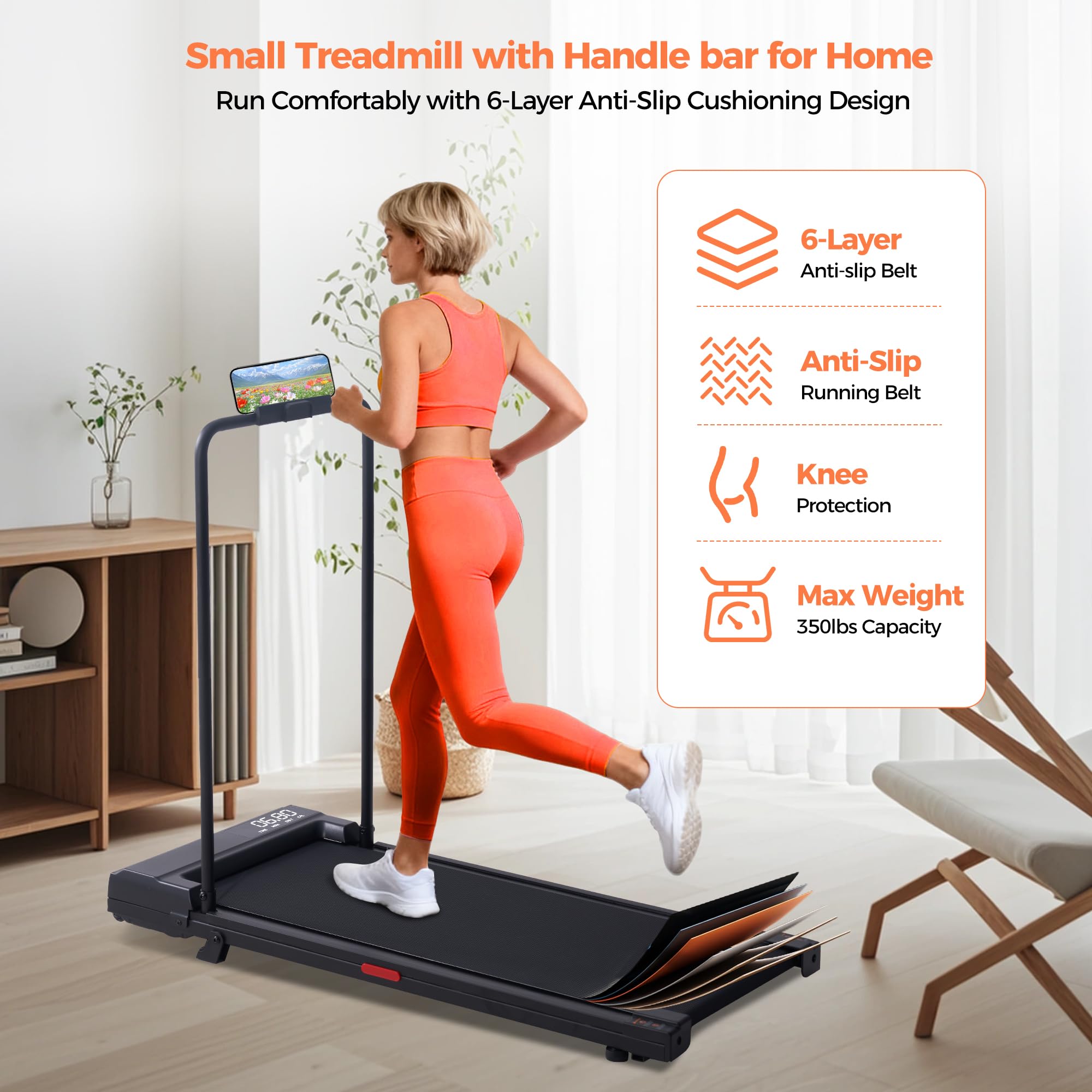 Black Portable Under Desk Walking Pad Treadmill with Handles 3.0HP 0.6-7.6MPH 350LB Capacity