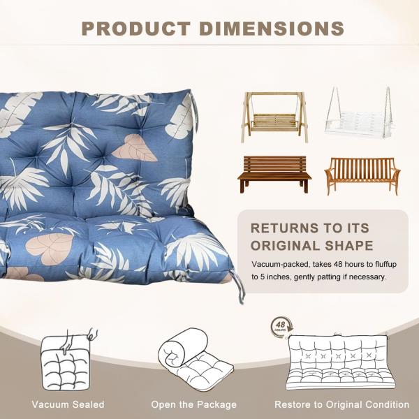 Waterproof Porch Swing Cushion with Backrest 2-3 Seater Thickened Bench Cushion Tropical Leaf 47x40