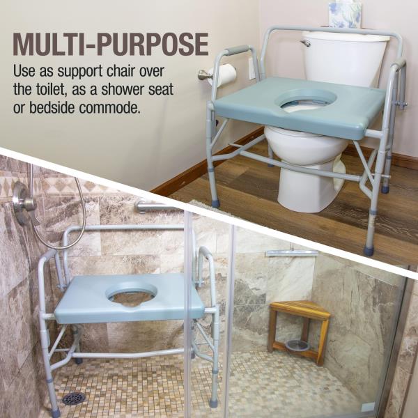 Drop Arm Portable Toilet Commode Extra-Wide Seat 500 lb Capacity Grey