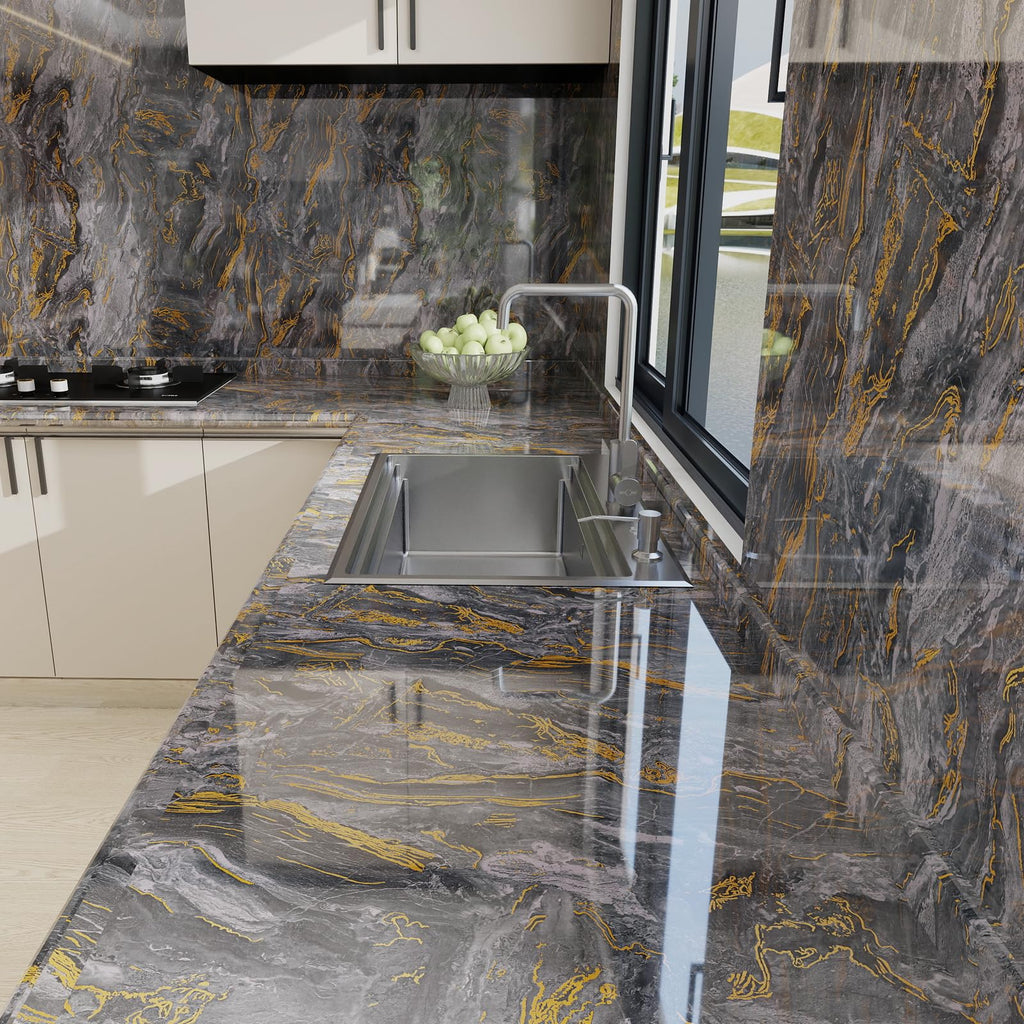 Grey and Gold Glossy Marble Peel and Stick Wallpaper 23.6 x 472.4 for Countertops $59.25