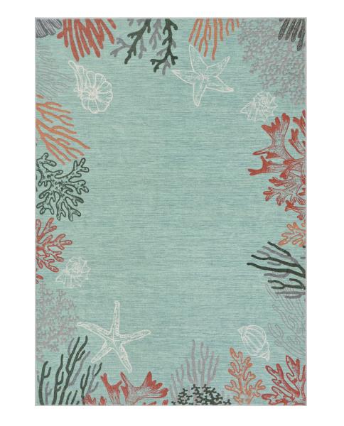 Coastal Coral Ocean Washable Area Rug 5 x 7 Aqua