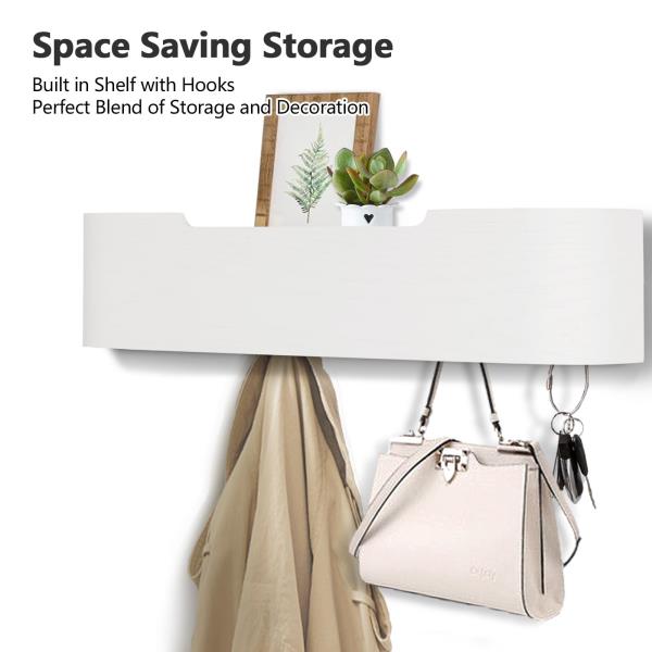 Coat Rack Wall Mount with Hidden Hooks Modern Key Holder Wood Entryway Hook with Shelf for Bedroom Kitchen Hallway Bathroom Designed for Hanging Coats Hats Bags Towels Dog Leashe(White,5 Hooks) Retail $36.00