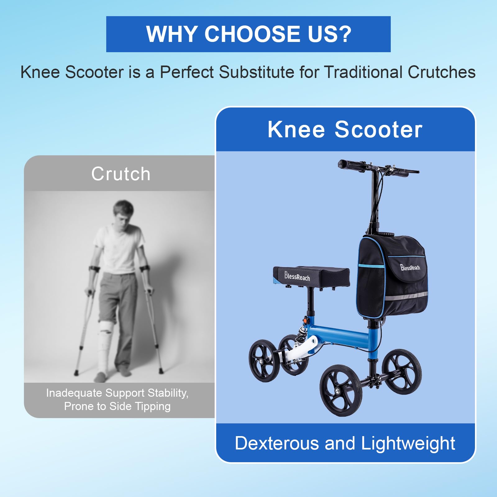 Open-Box New BlessReach Steerable Knee Scooter with 300 lbs Support - Blue Knee Walker Retail $99.00