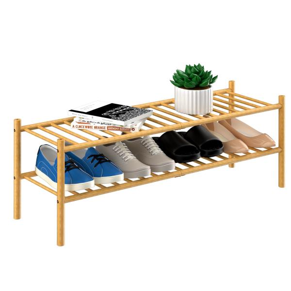 -Tier Bamboo Long Shoe Rack Stackable Wood Storage Organizer 35x11x13 Natural