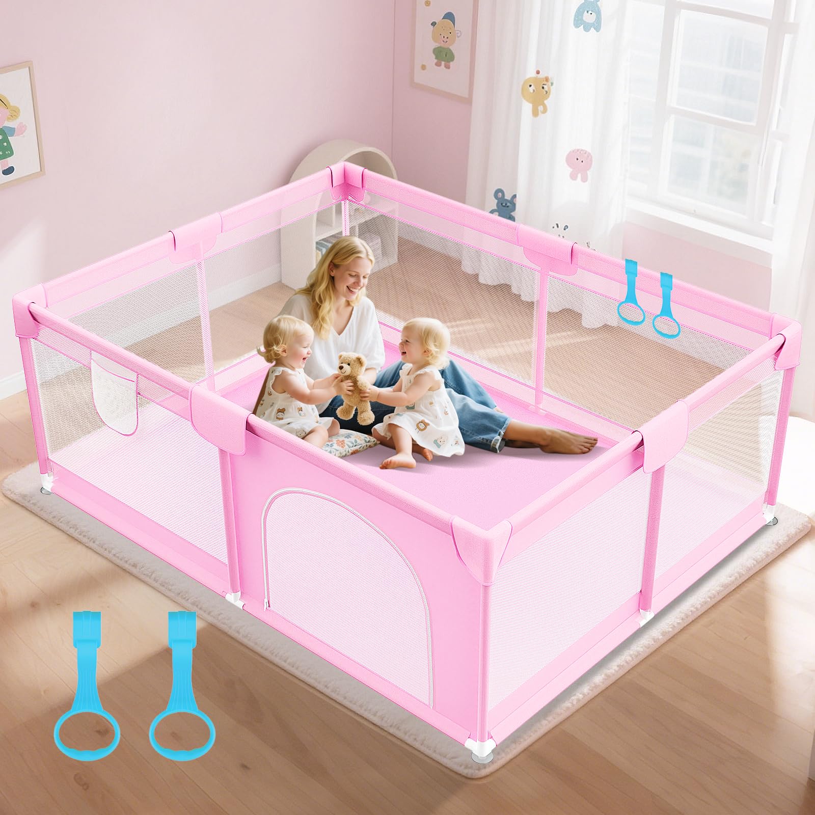 Abdtech Large Baby Playpen 74"x50" - Play Pens for Babies and Toddlers with 2 Handle - Safety Baby Fence Play Area with Breathable Mesh for Indoor & Outdoor, Pink Retail $103.00