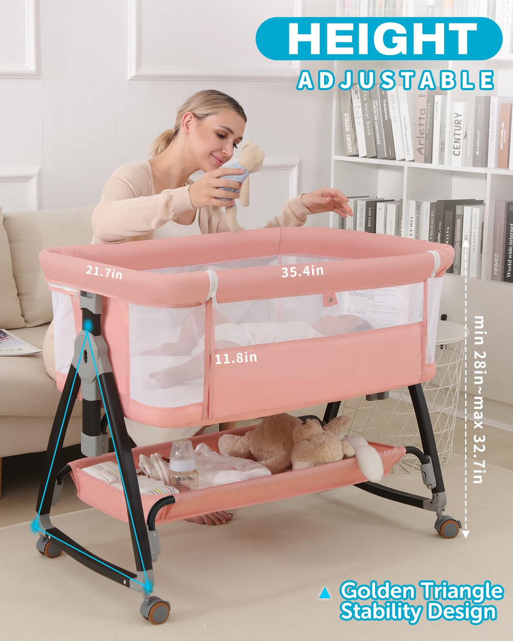 Pink Multi-functional Bedside Bassinet  Sleeper 6-Position Height Adjustable