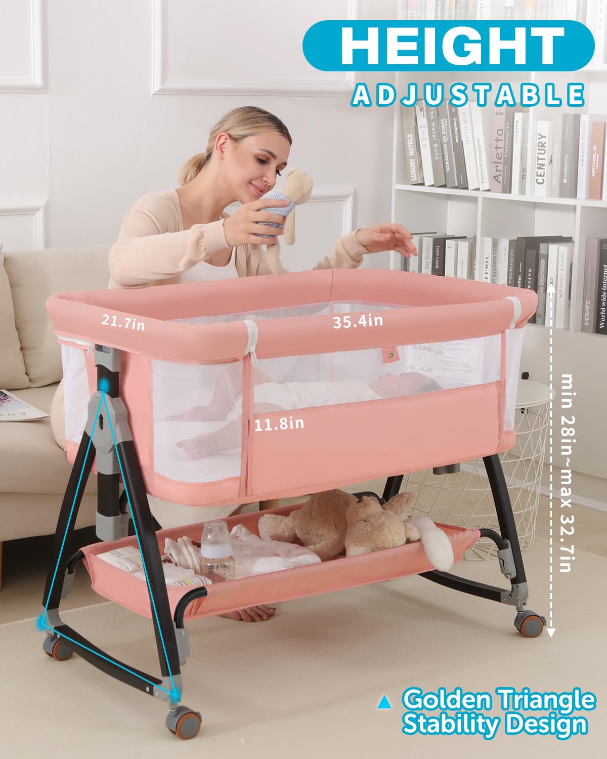 Pink Multi-functional Bedside Bassinet  Sleeper 6-Position Height Adjustable