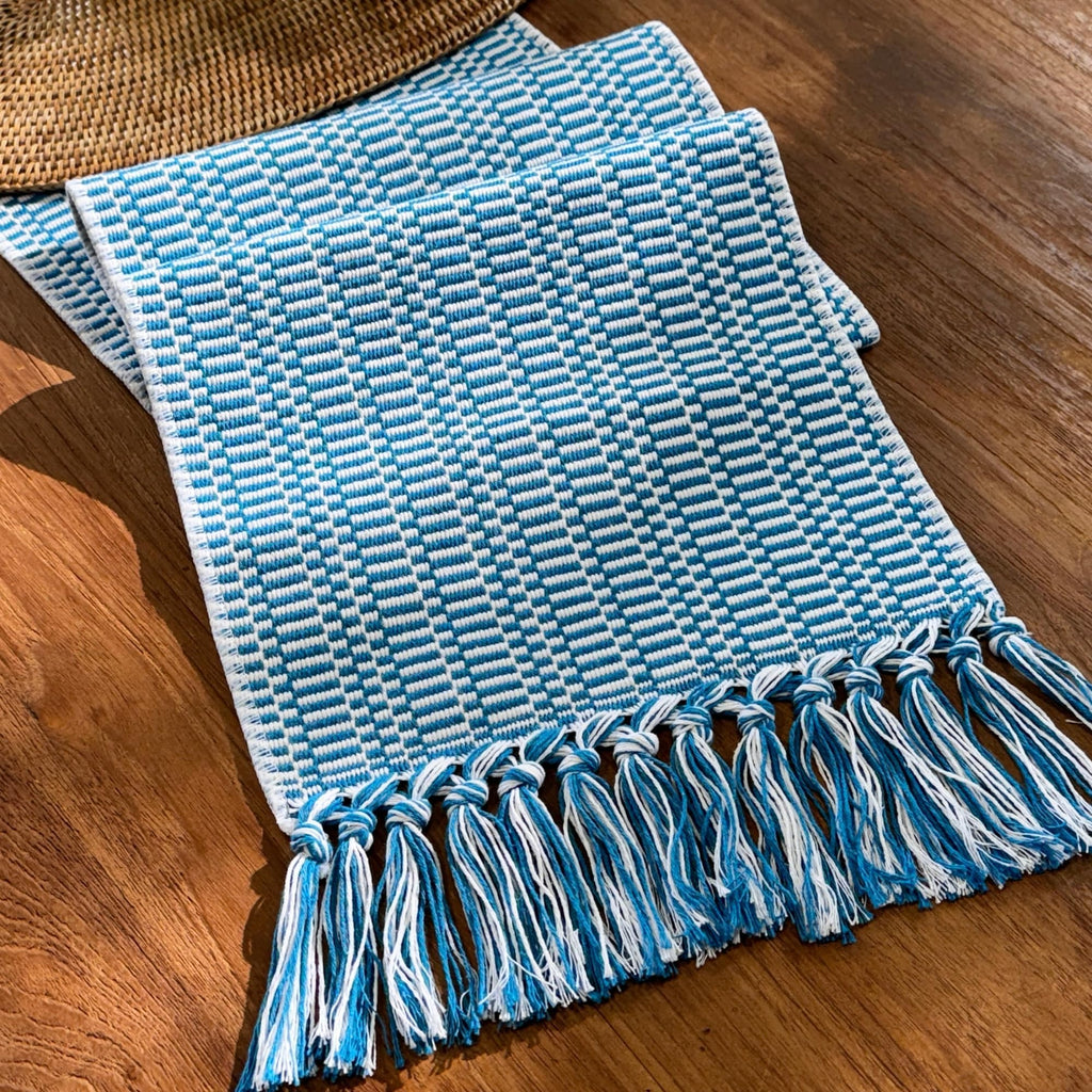 White Teal Blue Farmhouse Woven Table Runner 72 Inch Retail $29.00