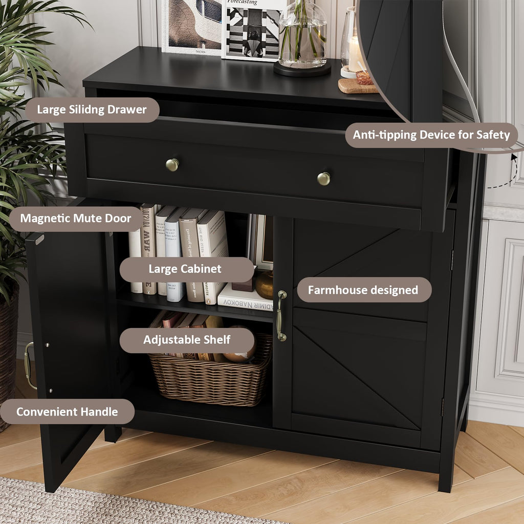 Black Farmhouse Buffet Sideboard Storage Cabinet with 2 Barn Doors