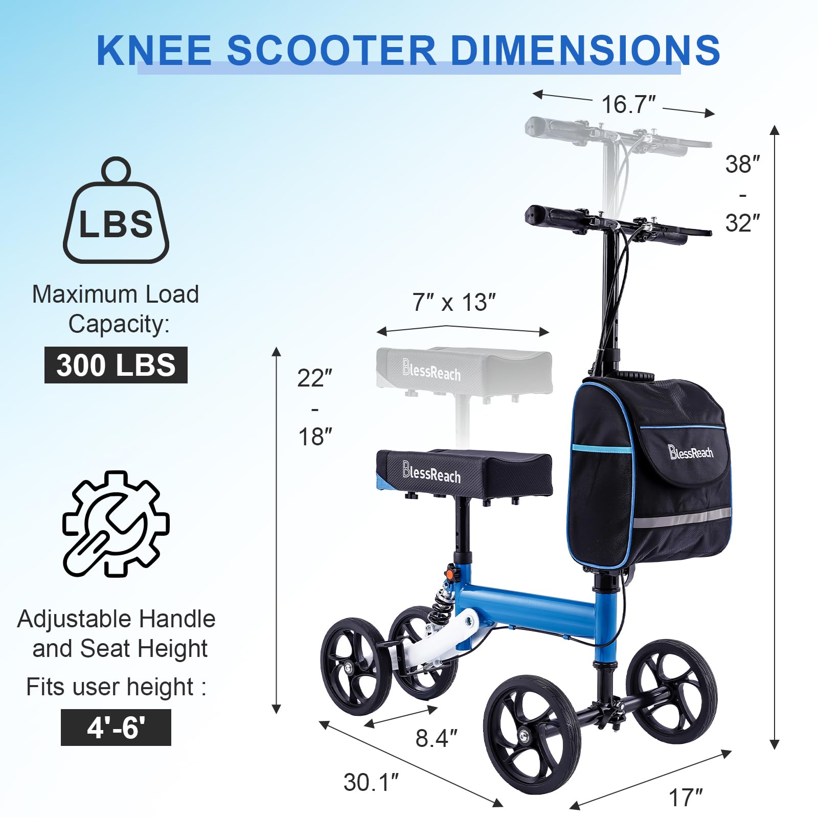 Open-Box New BlessReach Steerable Knee Scooter with 300 lbs Support - Blue Knee Walker Retail $99.00