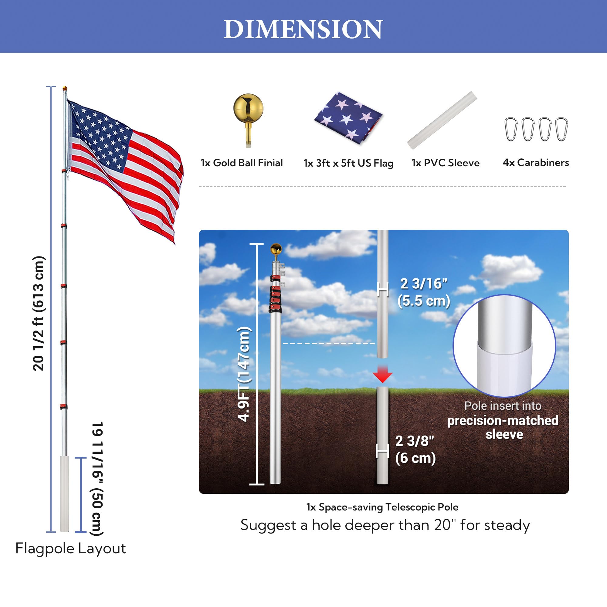 Yeshom 20ft Telescopic Flag Pole Kit with 3'x5' US American Flag & Ball Top Sleeve Set Aluminum Telescoping Flagpole Fly 2 Flags for Outdoor Tailgate Camper RV Tire Mount Inground Outside House Retail $99.00