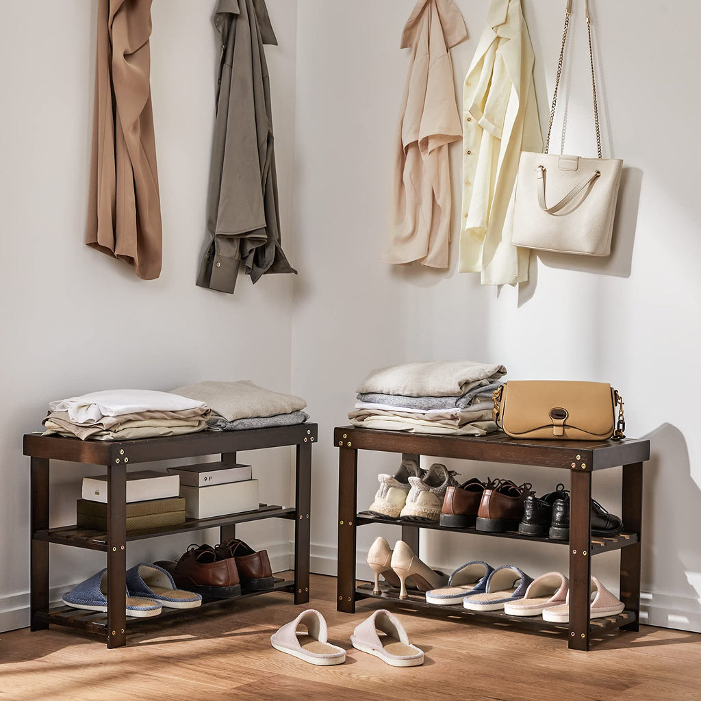'-Tier Bamboo Shoe Rack Bench Storage Organizer for Entryway Brown