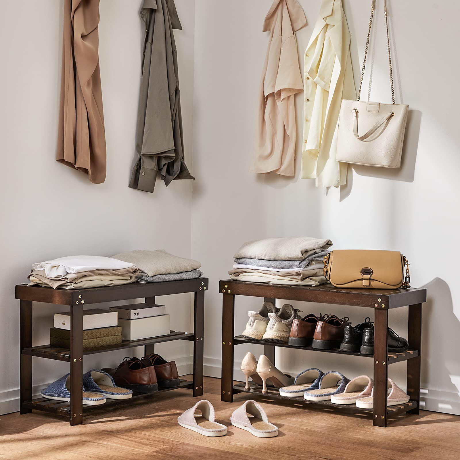 '-Tier Bamboo Shoe Rack Bench Storage Organizer for Entryway Brown