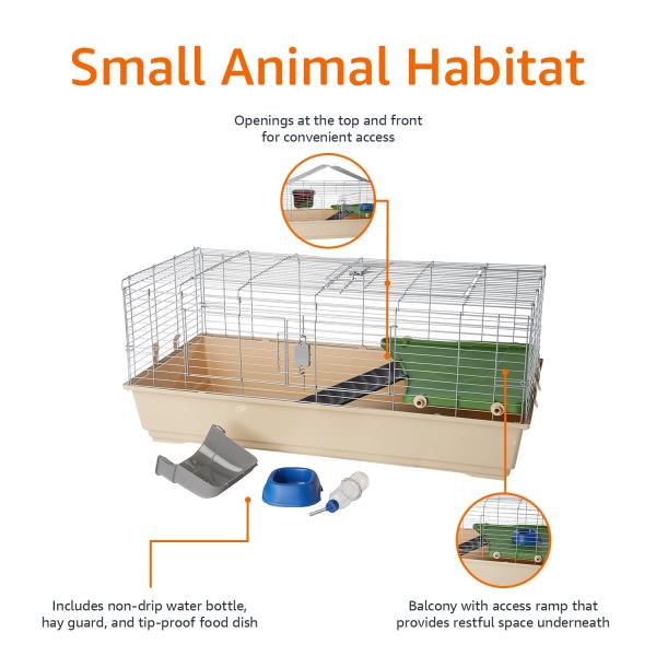 Amazon Basics Top Access Small Animal Habitat for Rabbit, Guinea Pig, Ferret & Chinchilla with Accessories, Jumbo, 48.6"L x 26.6"W x 20.6"H, Multicolor