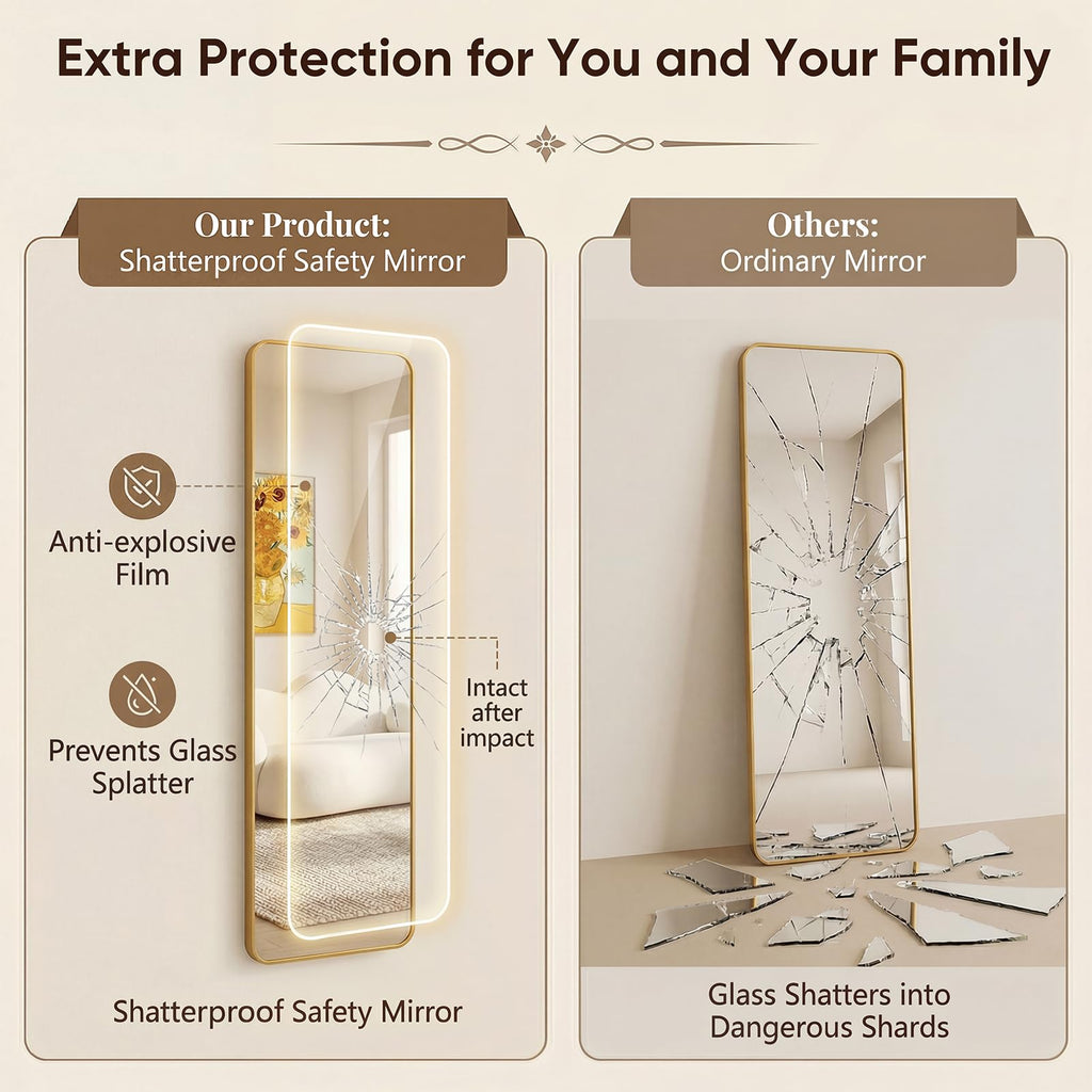 Gold 48x14 Rectangle Full Length Over the Door Mirror with Aluminum Frame