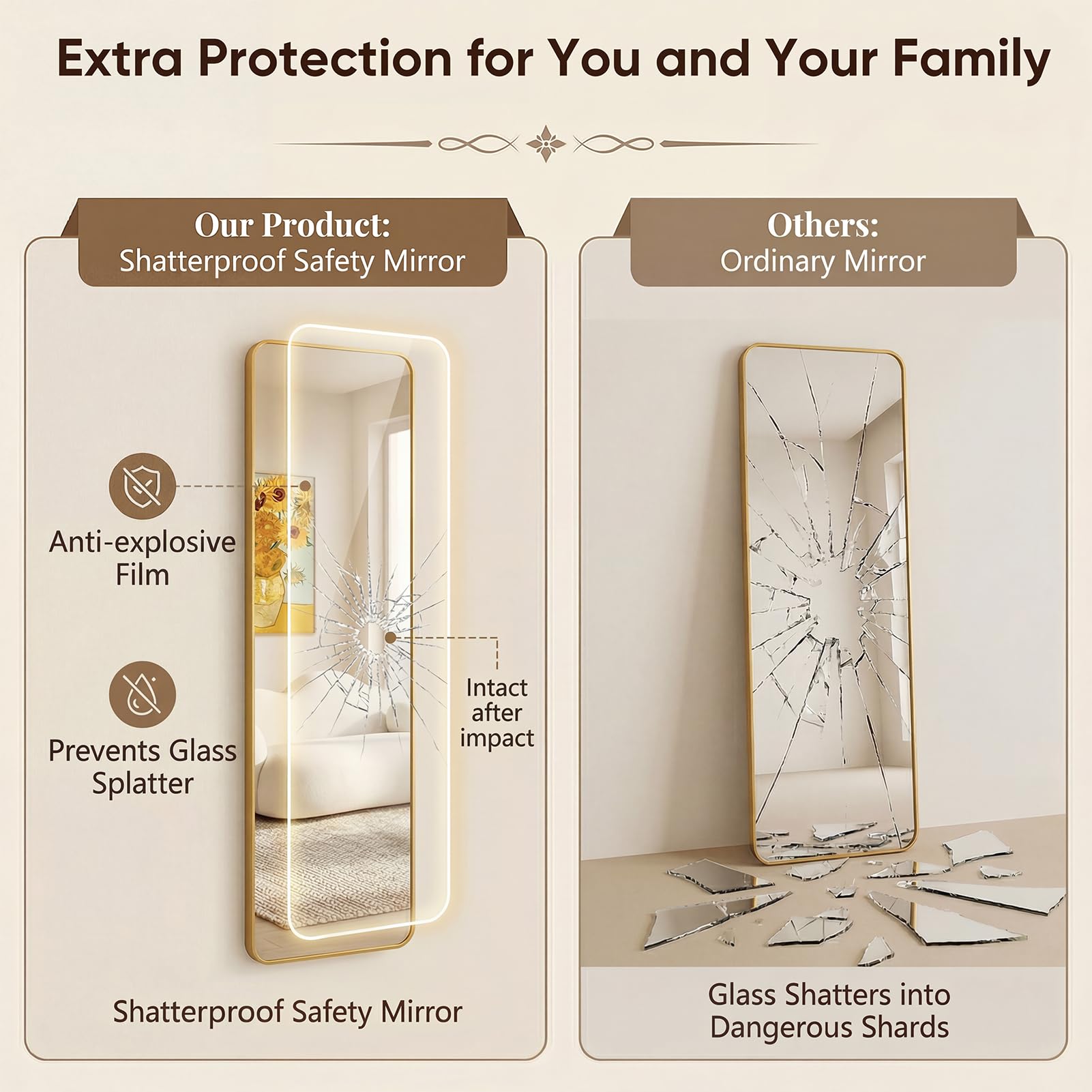 Gold 48x14 Rectangle Full Length Over the Door Mirror with Aluminum Frame