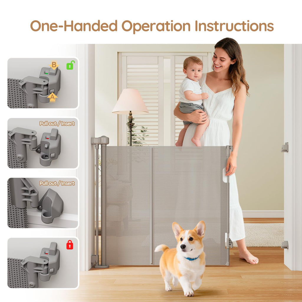 Ret retractable Baby Dog Safety Gate 59 Wide One-Hand Operation Gray