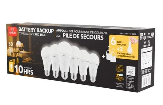 Open-Box New Globe LED Bulb with 60W Eq. 10 Hr Battery Backup 6-Count Retail $37.00