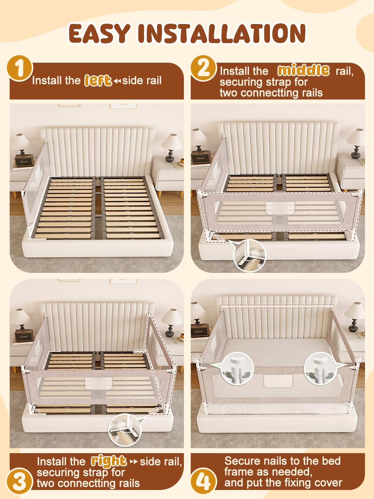 Grey 3-Piece Adjustable Height Sturdy Queen Bed Rail Guard Retail $129.00