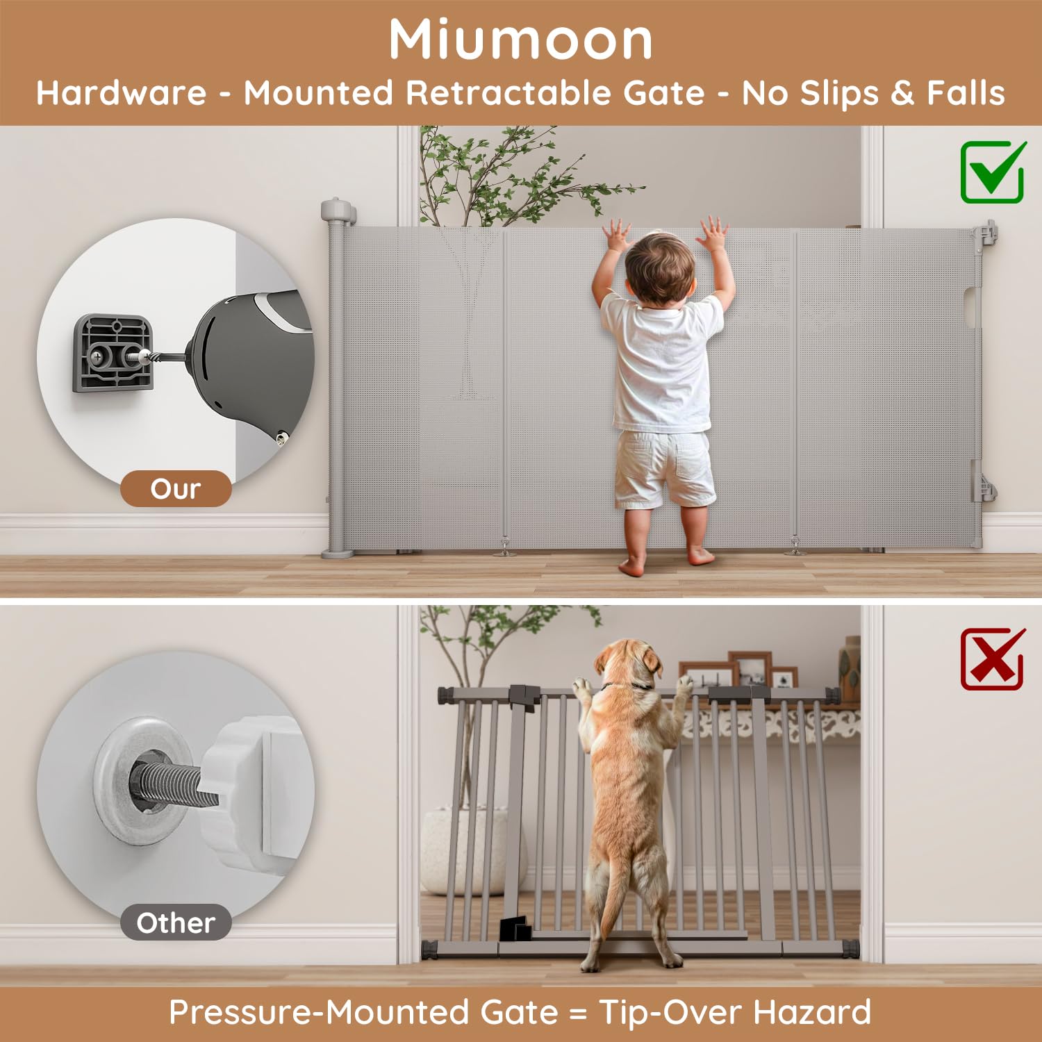 Ret retractable Baby Dog Safety Gate 59 Wide One-Hand Operation Gray