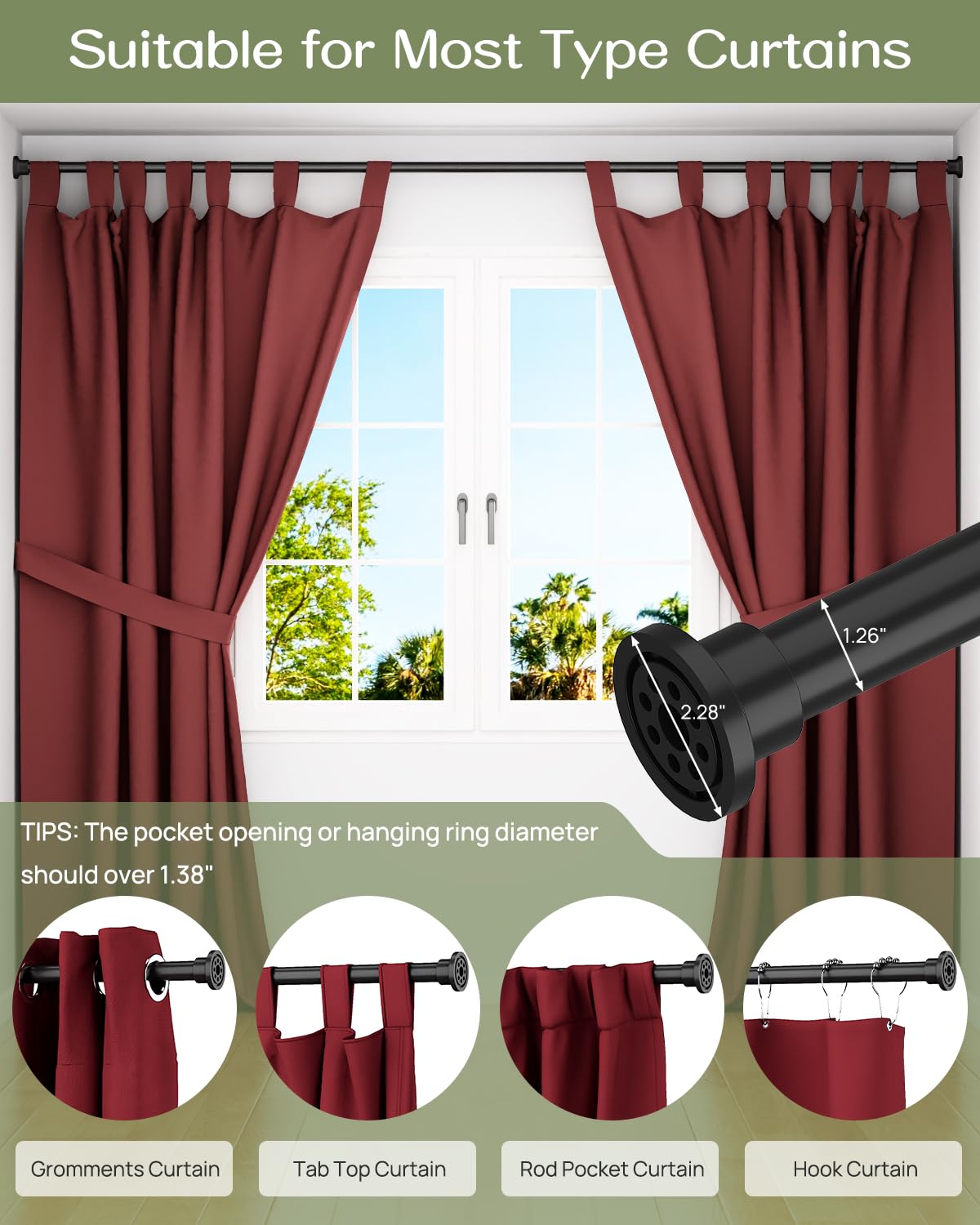 ALLZONE Tension Curtain Rod for Window, 83-123 Inches, Heavy Duty Curtain Rods No Drilling, Non-Slip Bathroom Shower Tension Rod, Renter Friendly, Adjustable, Spring Loaded, Extra Long, Black Retail $42.00