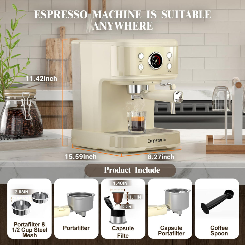'-Bar Semi-Automatic Espresso Machine w Steam Wand 1.5L Tank White