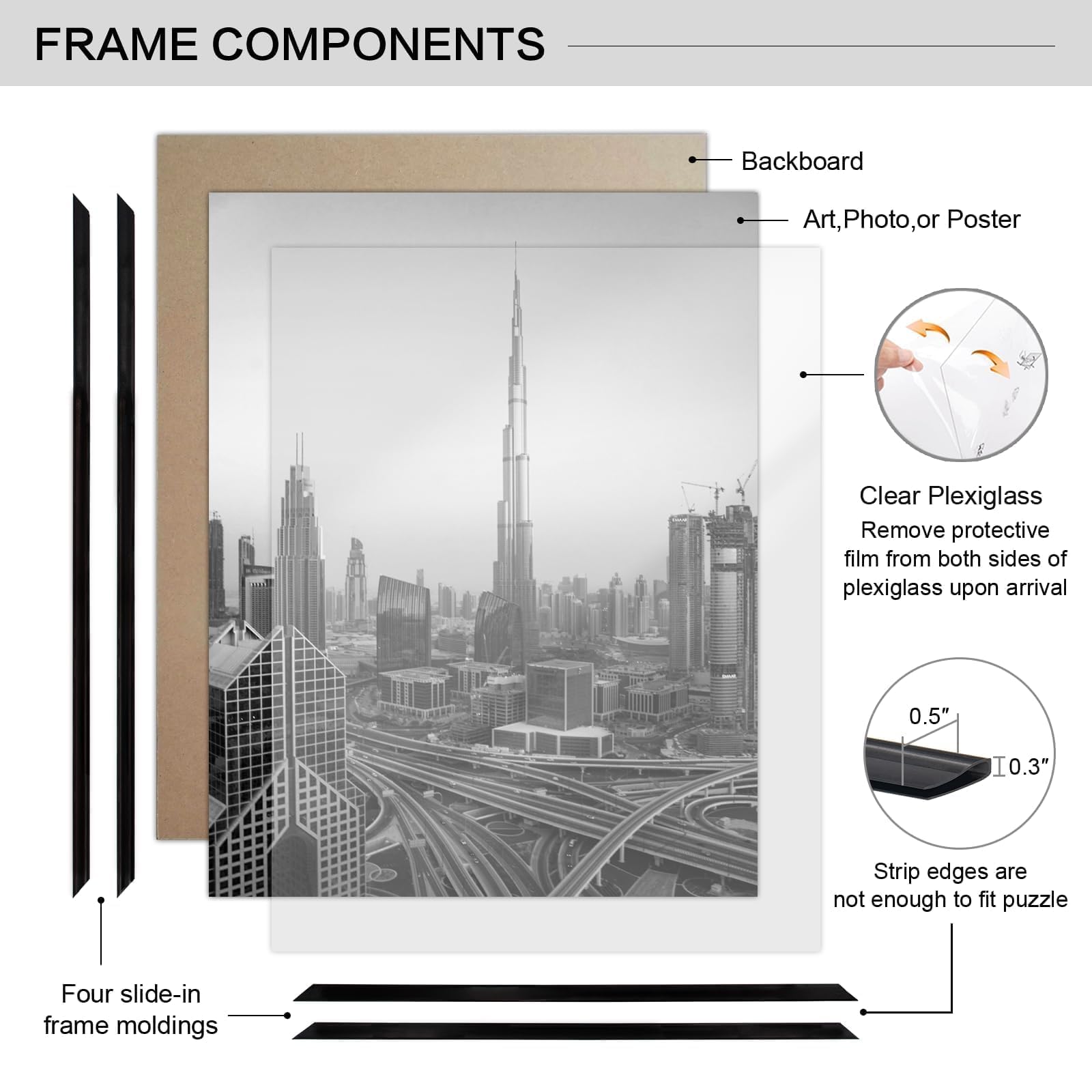 Boarding 22.375X34 Poster Frame 4 Pack, Scratch-Proof Picture Frames for Wall Gallery, Slide-In Strips,Photo Frame 22.375 by 34 for Horizontal or Vertical Wall Display, Black Retail $55.00